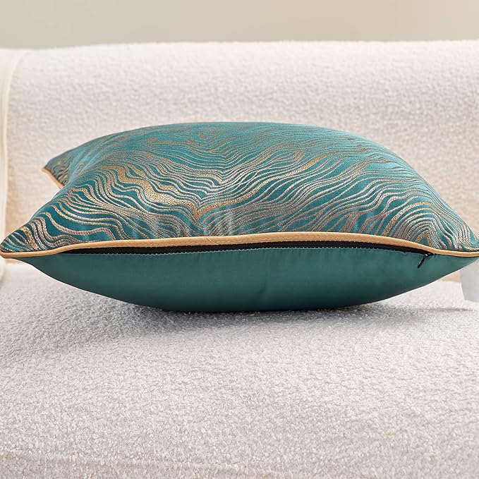 Avigers 18 x 18 Inch Square Green Teal Gold Abstract Striped Embroidery Cushion - Image 3