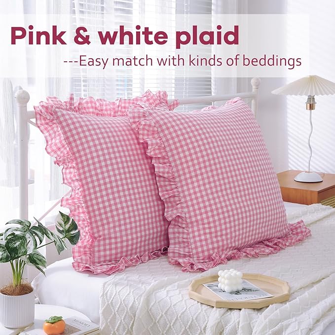 2 Pack Pink White Plaid Gingham Ruffle Euro Pillow Sham Covers, 100% Yarn-Dyed - Image 2
