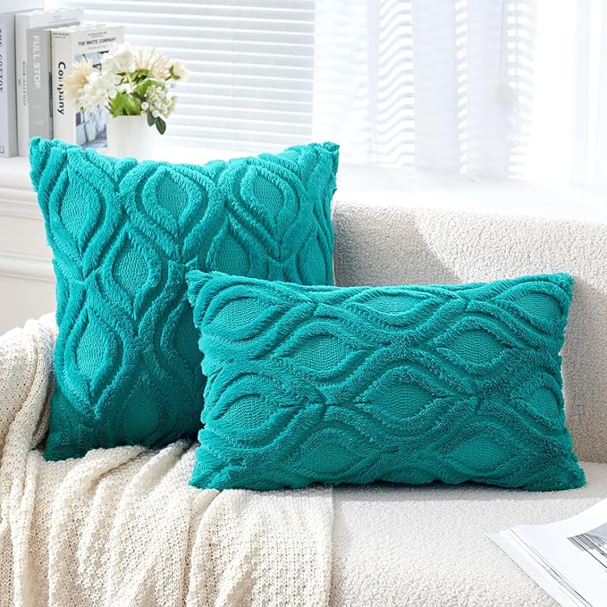 MIULEE Teal Throw Pillow Covers 12x20 Inch, Soft Winter Plush Faux Wool Couch - Image 2