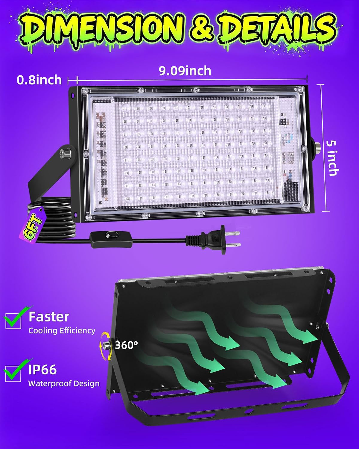 2 Pack 100W Black Light IP66, Powerful Blacklight for Halloween Glow Party