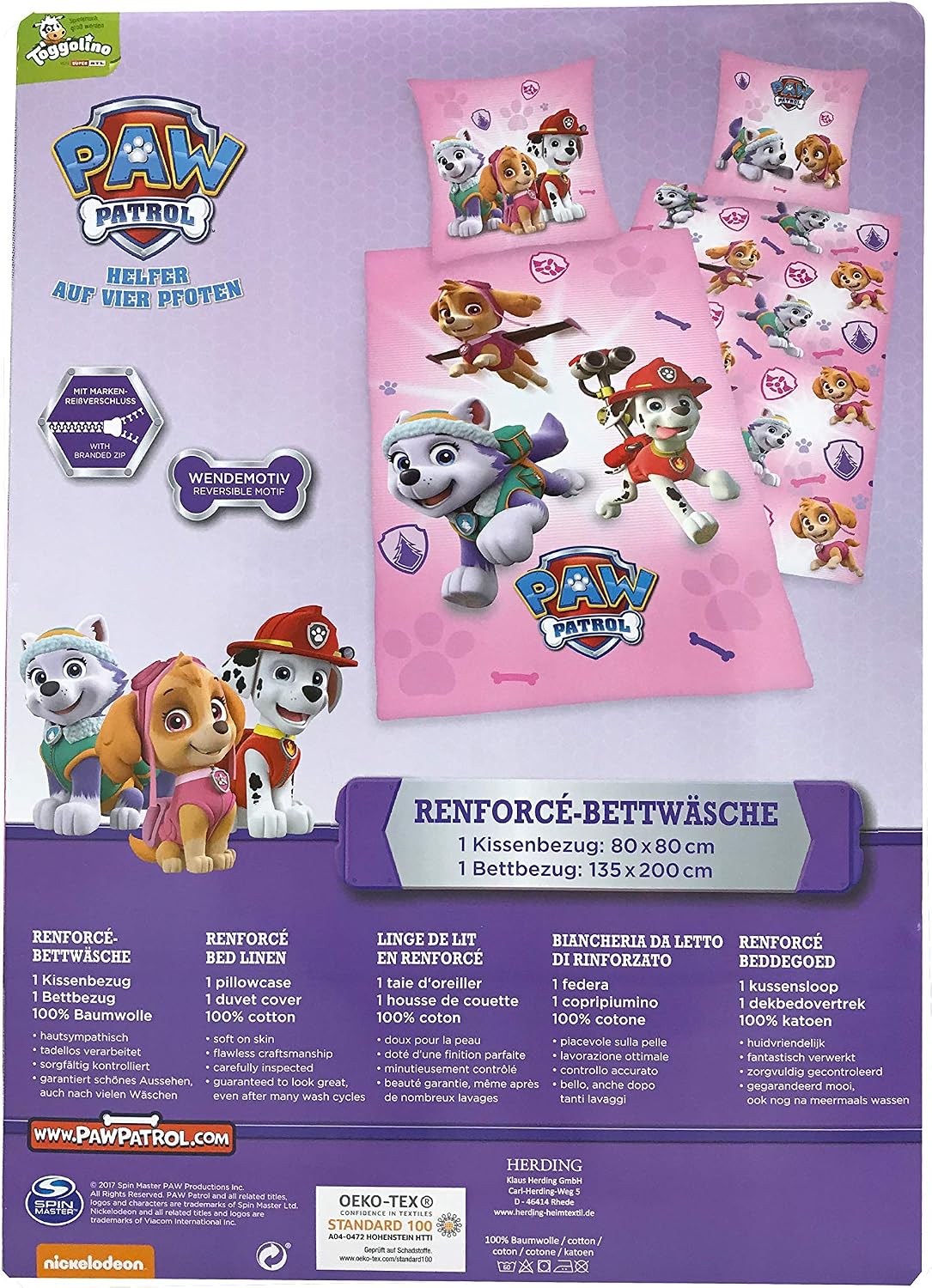 Paw Patrol Bed Linen, Cotton, Pink, 200 x 135 x 0.2 cm