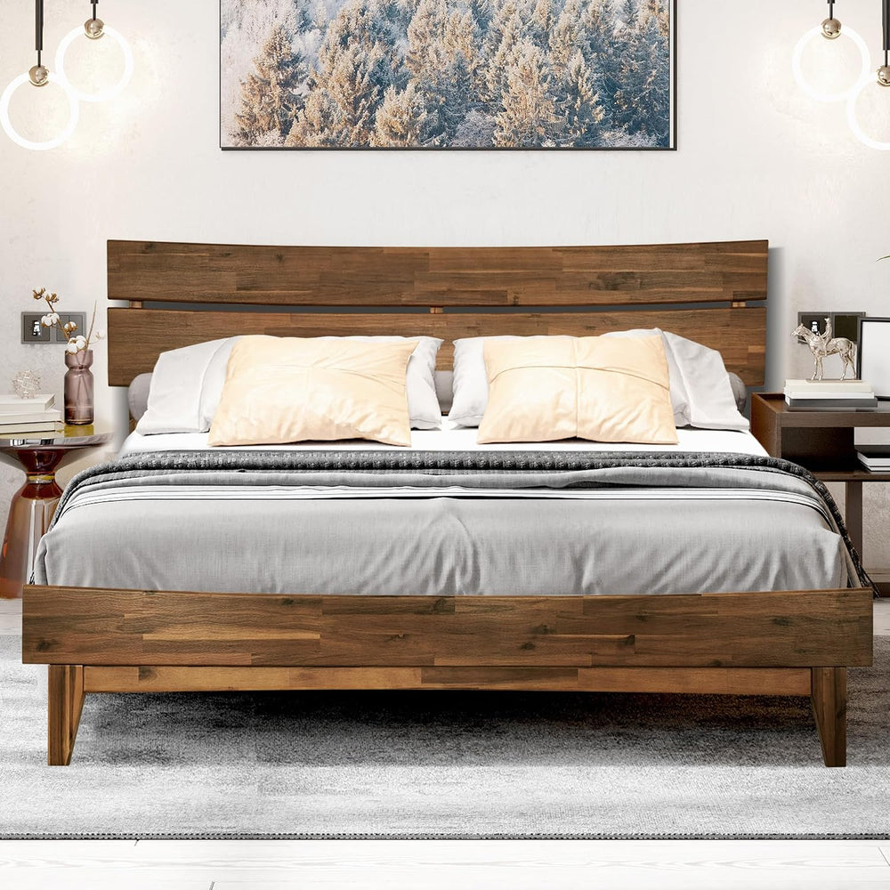 Acacia Aurora Solid Wood Platform Bed with Headboard, Wood Bed Frame Queen Si...