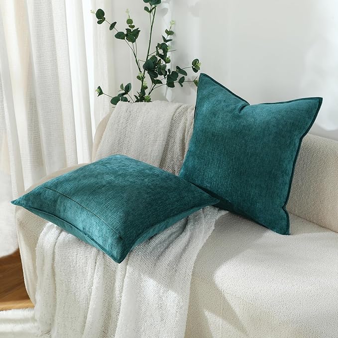Stellhome Soft Decorative Chenille Pillow Covers 18x18 Inch Natural Teal Boho - Image 5