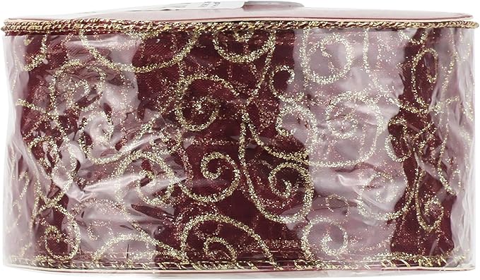 MEEDEE Red Gold Swirl Wired Ribbon 2.5 Inch Dark Red Sheer Ribbon - Image 9