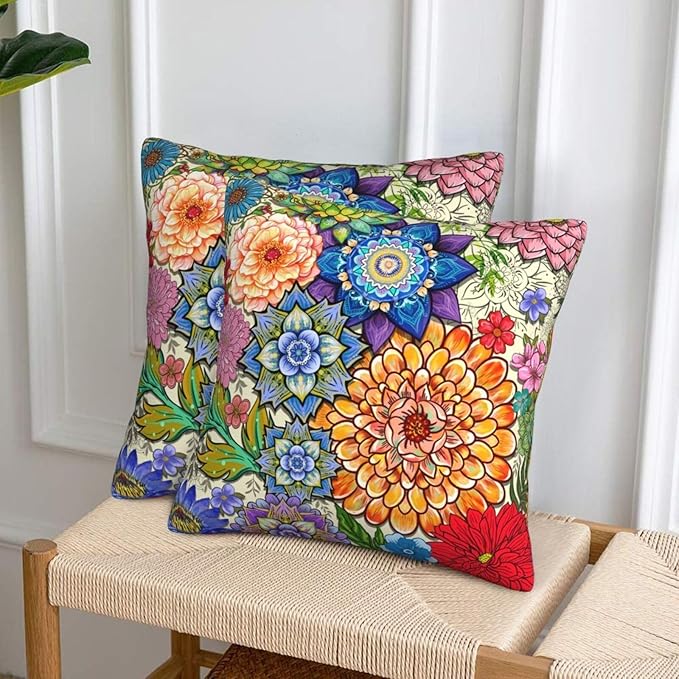 Boho Floral Throw Pillow Covers 18x18 Inch, Colorful Boho Flowers Throw Pillow - Image 3