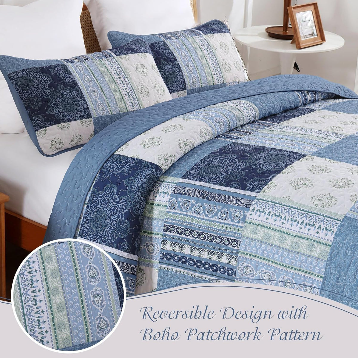 dintszyayue patchwork blue quilt set king size,3 pieces showing dimensions