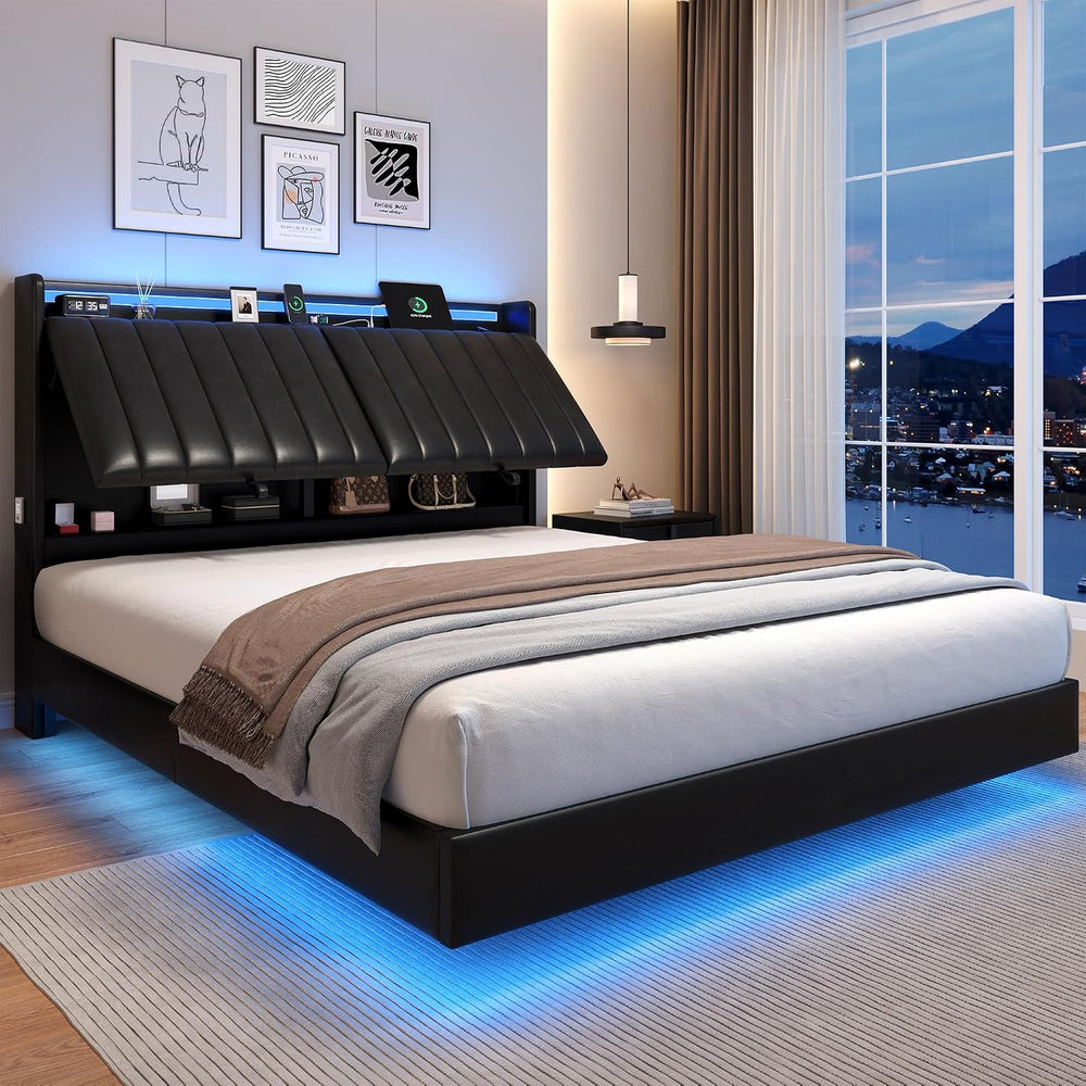 Jocoevol Full Size Floating Bed Frame with Ergonomic Hidden Storage Headboard...