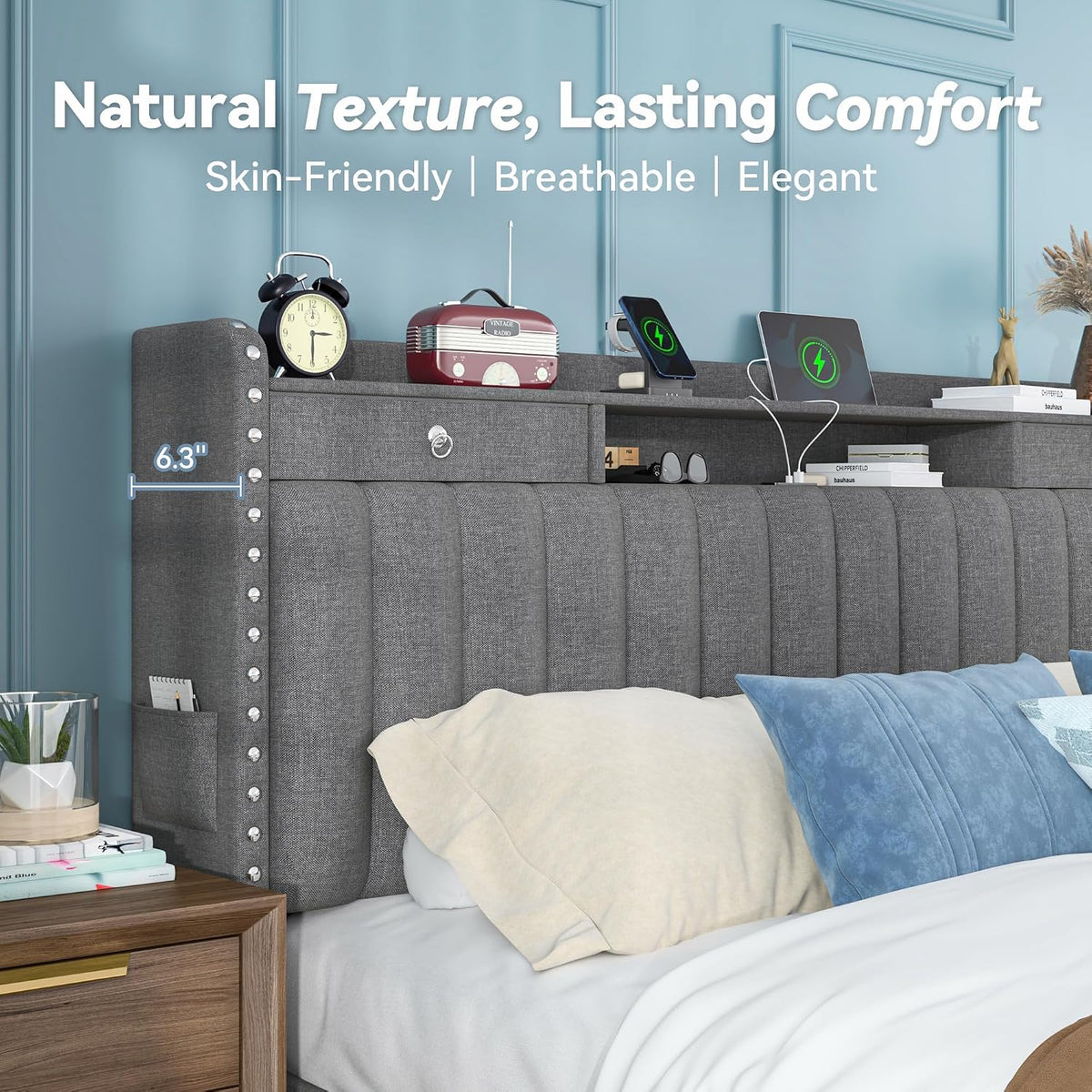 queen bed frame with 2-tier storage headboard and, front angle view
