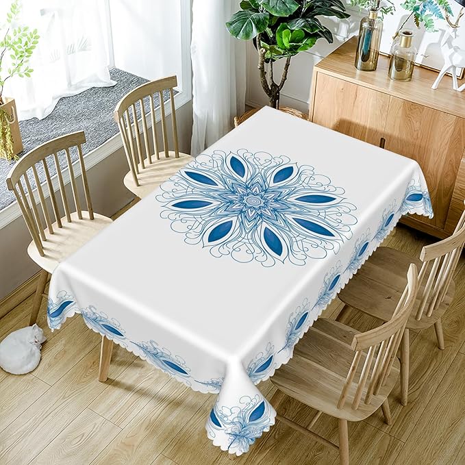60x102inches Boho Floral Print Tablecloth Blue White Bohemian Floral Pattern - Image 5