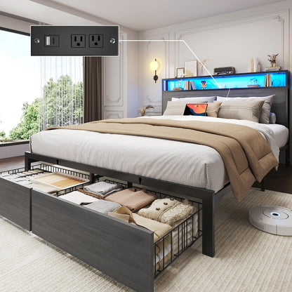 queen bed frame with charging station, led lights on a desk or shelf