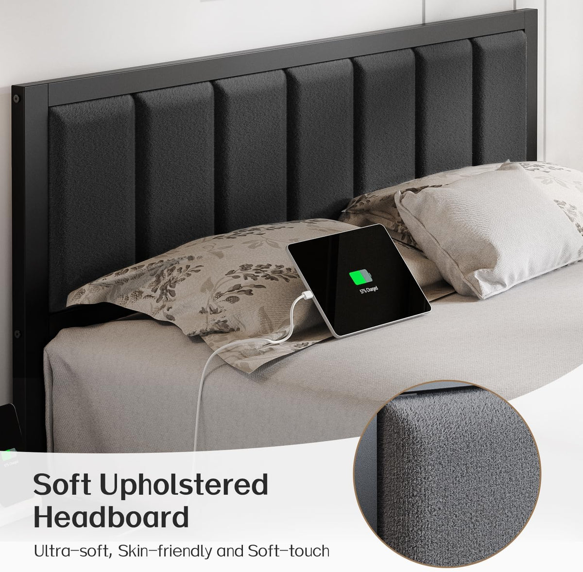 olevs queen bed frame with headboard, smart led showing dimensions