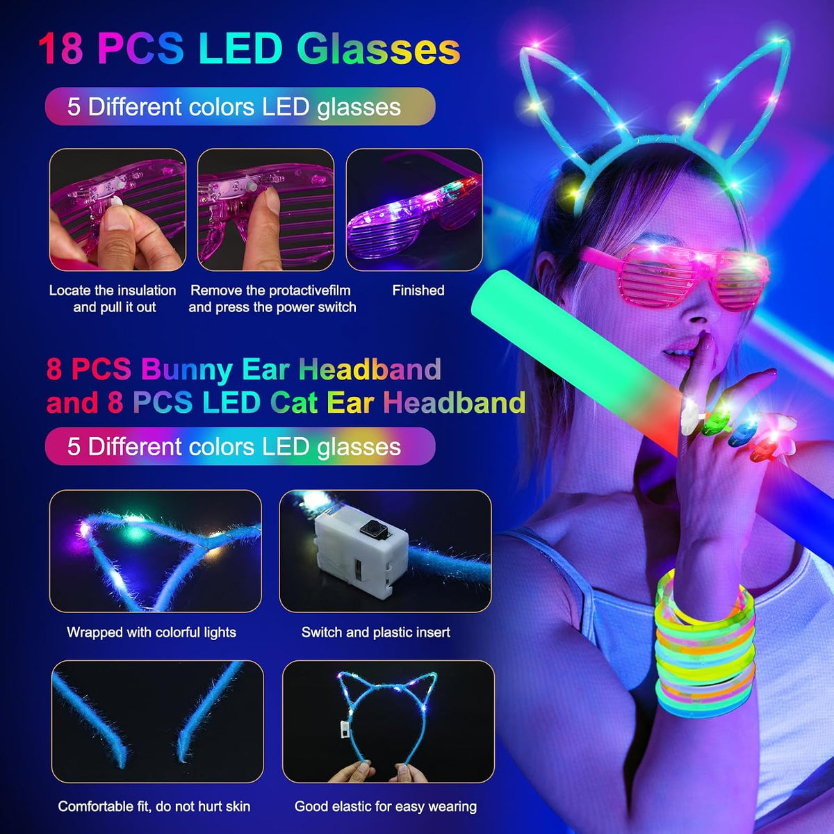 OLUPP 282 PCS Glow in the Dark Party Supplies, 18 Foam Sticks, 18 LED Glasses, 200 Glow Sticks, 30 Finger Lights, 8 Bunny Ear Headband and 8 LED Cat Ear Headband for Birthday,Halloween,New Year