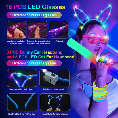 OLUPP 282 PCS Glow in the Dark Party Supplies, 18 Foam Sticks, 18 LED Glasses, 200 Glow Sticks, 30 Finger Lights, 8 Bunny Ear Headband and 8 LED Cat Ear Headband for Birthday,Halloween,New Year
