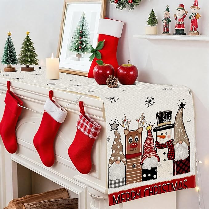 OTOSTAR Gnomes Snowman Elk Merry Christmas Table Runner, Xmas Seasonal Winter - Image 4