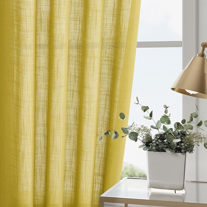 Celery Yellow Textured Linen Blend Drapes 96 Inch Long 2 Panels Set Back Tab - Image 4