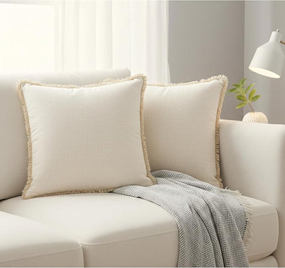 18×18 Ivory White Decorative Fringe Cotton Pillow Covers Boho Farmhouse Throw - Image 7