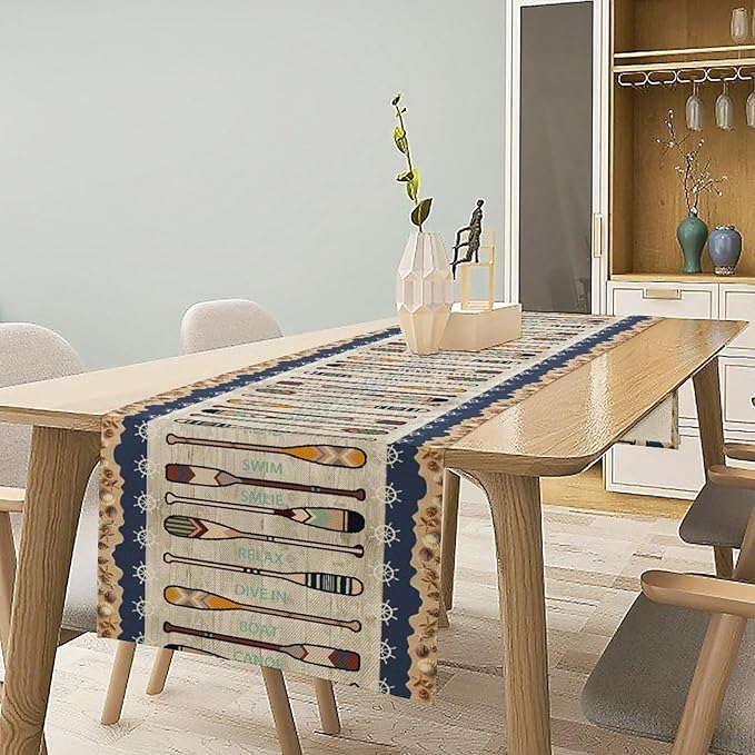 Lake Summer Paddle Nautical Table Runner Stripes Wood Grain Farmhouse Kitchen - Image 2