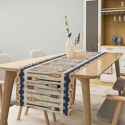 Lake Summer Paddle Nautical Table Runner Stripes Wood Grain Farmhouse Kitchen - Image 2
