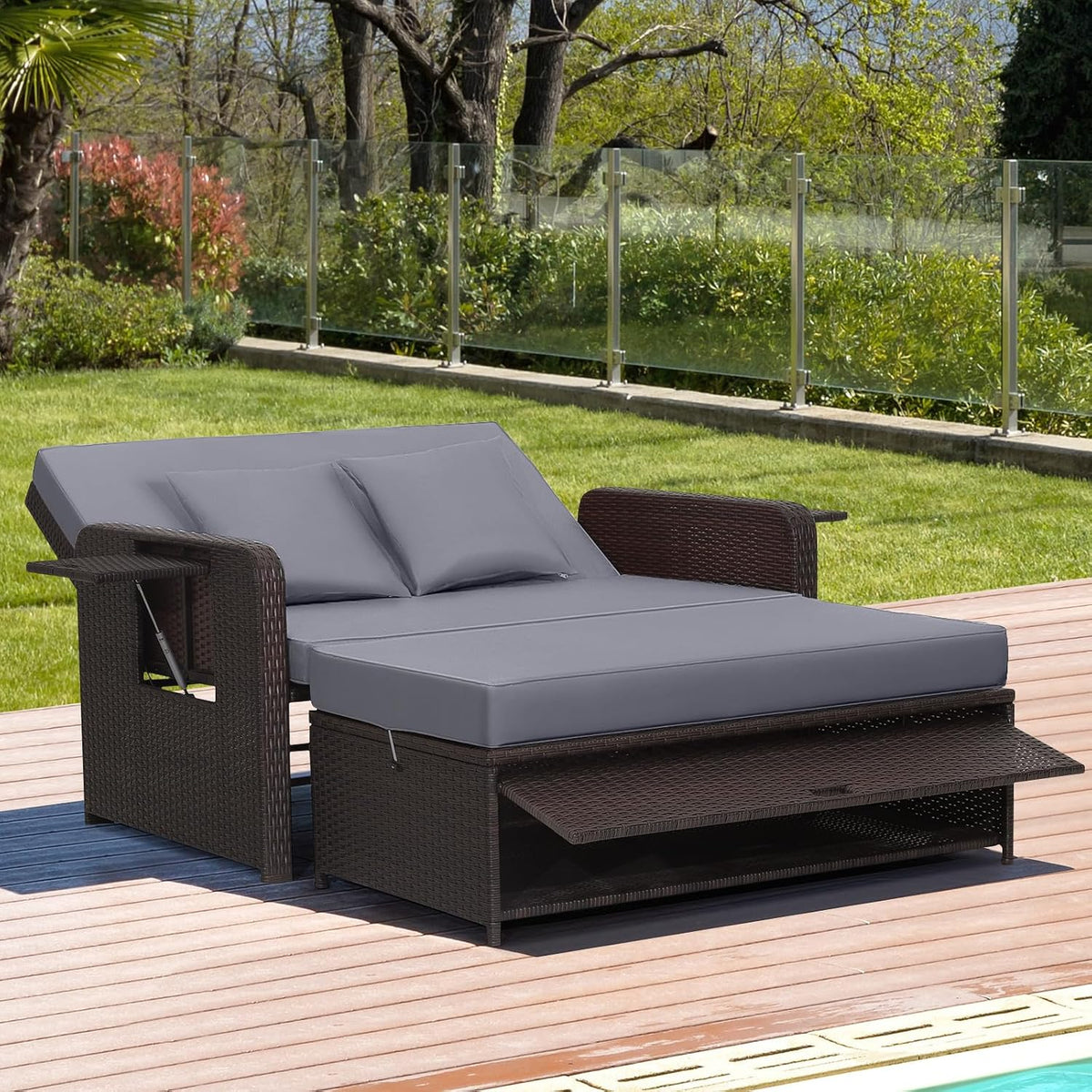 tangkula patio rattan daybed with 4-level adjustable backrest, side view