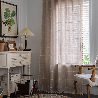 ColorBird Farmhouse Semi-Blackout Window Curtains 2 Panels Embroidery Lattice - Image 2