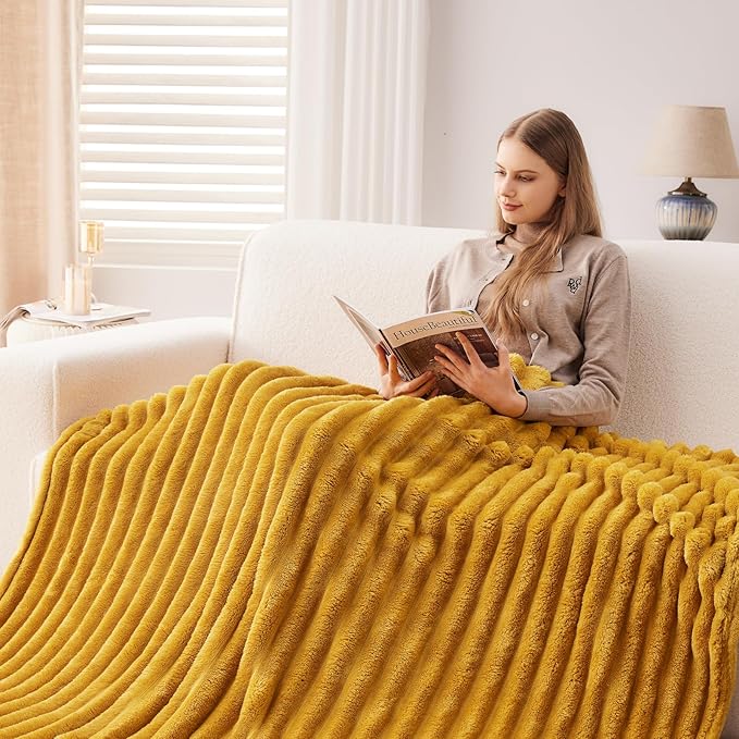 NEWCOSPLAY Super Soft Throw Blanket Mustard Yellow Premium Silky Flannel Fleece - Image 3