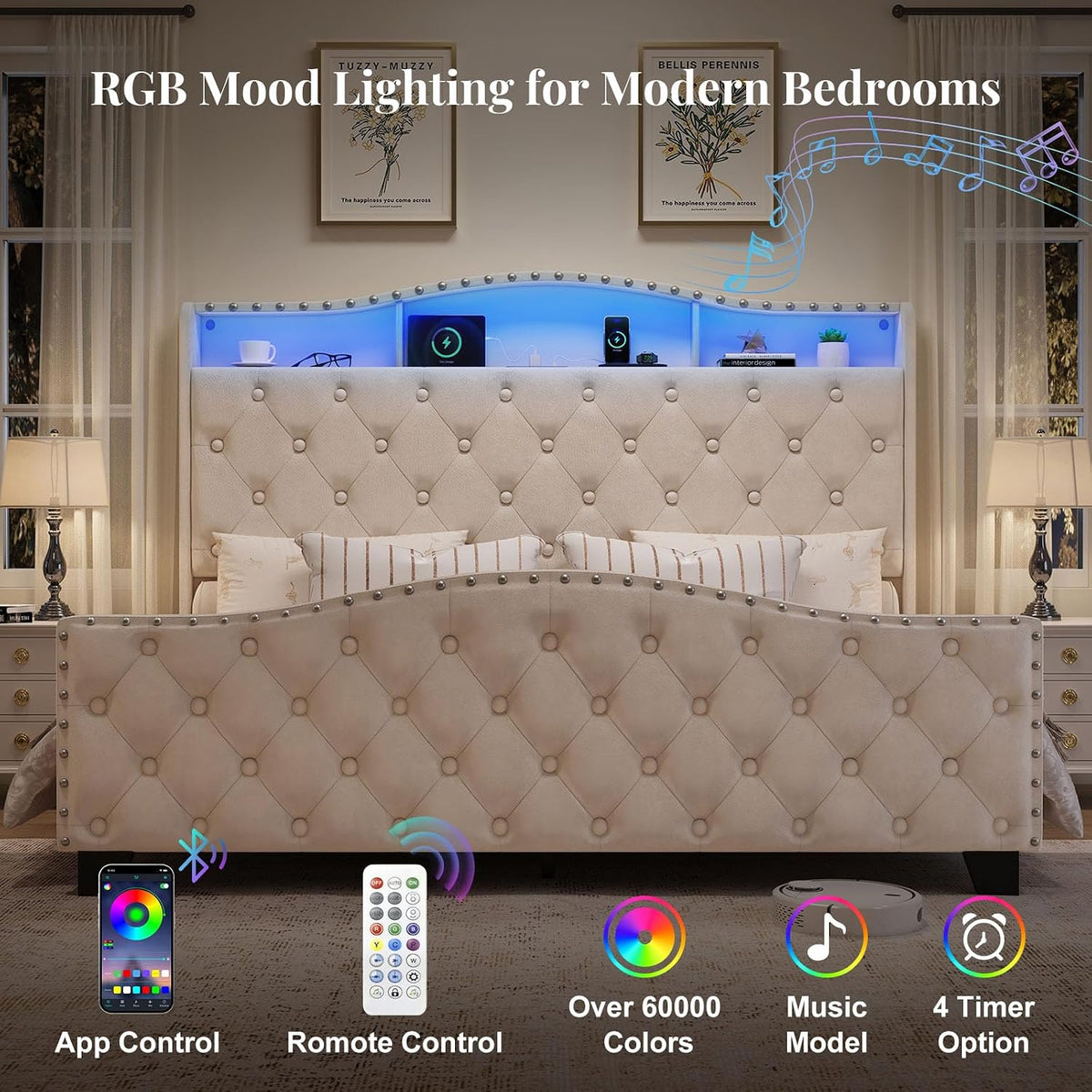 belffin platform bed frame with 50.9" led headboard, side view