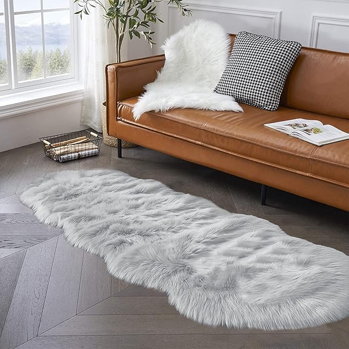 Latepis Grey Faux Sheepskin Fur 2x6 Runner Rugs High Pile Soft Plush Fuzzy Rug - Image 2