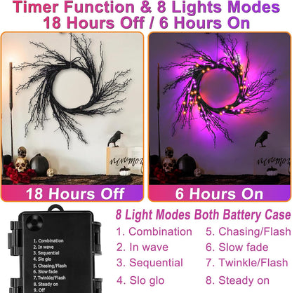 9 FT 72 LED Willow Vine Twig Decor Black Halloween Garland with Orange Purple Lights, Timer 8 Modes Waterproof Battery Operated Indoor Halloween Decorations for Wall Fireplace Mantle Home Office Decor