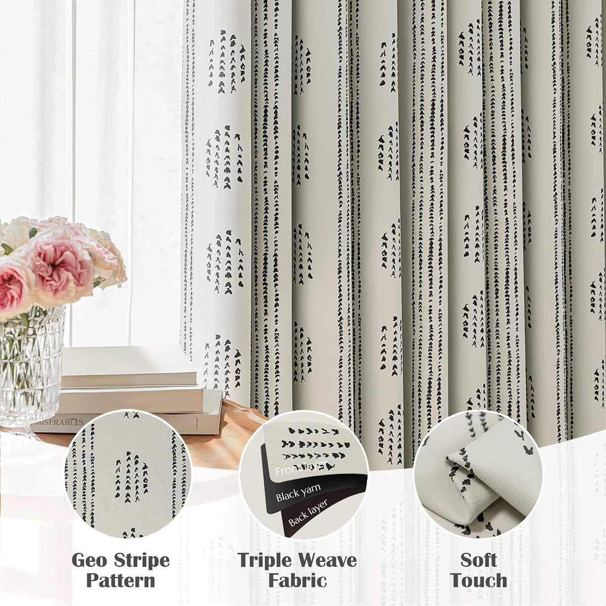 100% blackout black boho curtains, 63 inches, 2 showing dimensions
