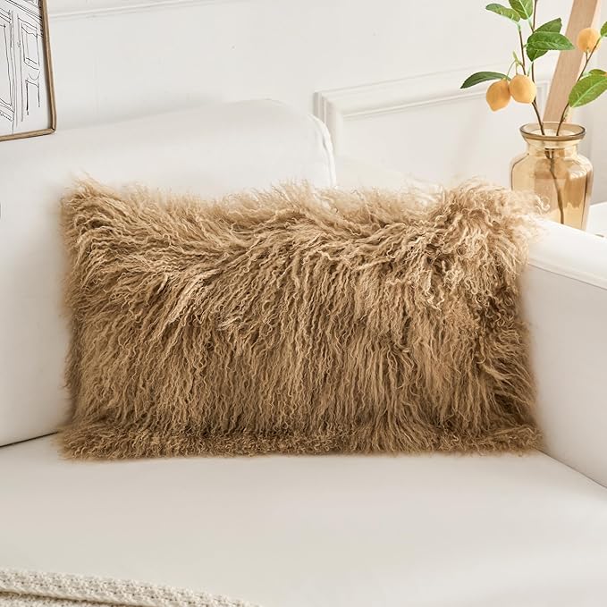Genuine Mongolian Lamb Fur Pillow Cover – 12"x20" Rectangular Cushion Case – - Image 2