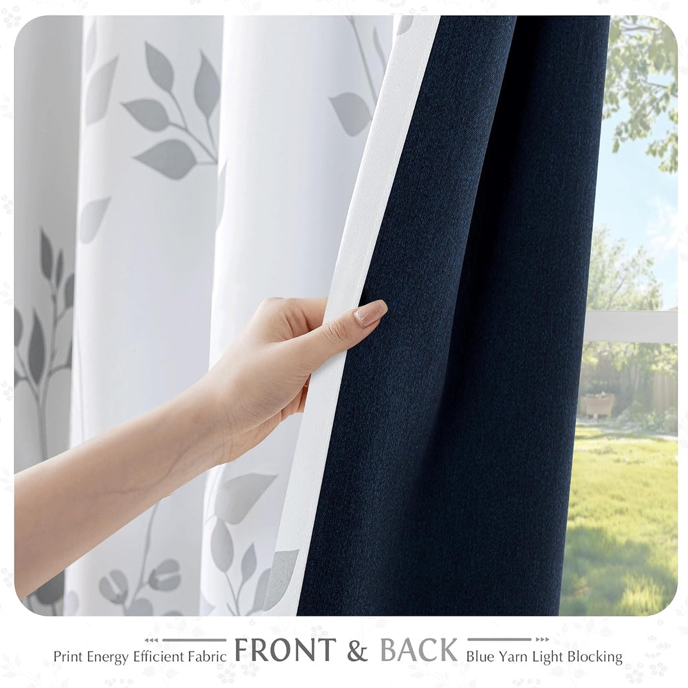 Beauoop Floral 100% Blackout Curtains for Bedroom Grey White 52X84 2 Panels