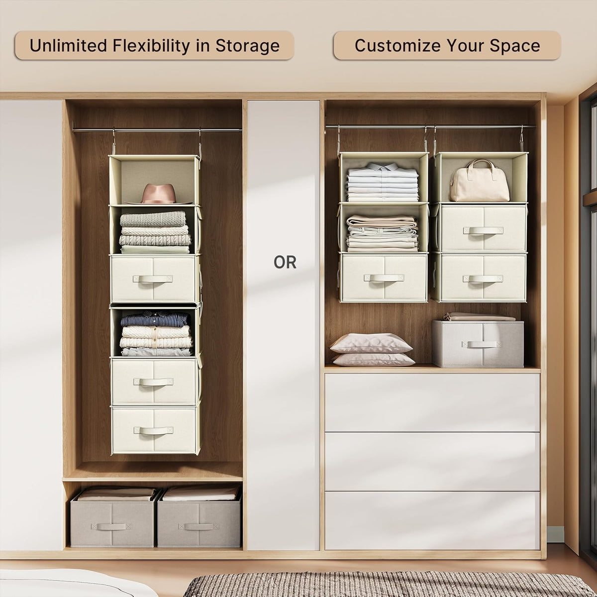 6-shelf hanging closet organizer with 3 drawers, 2-in-1 showing dimensions