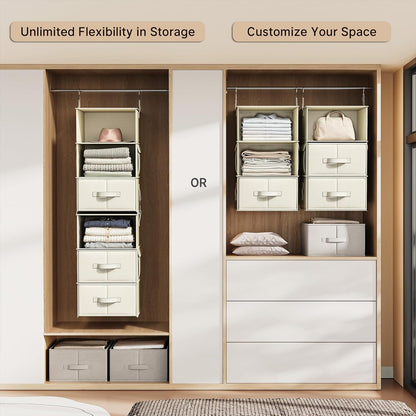 6-shelf hanging closet organizer with 3 drawers, 2-in-1 showing dimensions