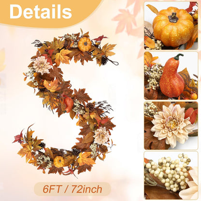 Fall Garland 6Ft Lifelike Autumn Maples Leaf Pumpkin Garland with Berries Pine Cones, Fall Decorations for Home Thanksgiving Halloween Fireplace Farmhouse Porch Indoor Outdoor Decorations