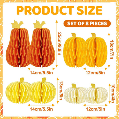 SUBEAUTY 8 PCS Pumpkin Honeycomb Centerpieces Fall Pumpkin Party Decoration Thanksgiving Centerpieces for Tables Orange Honeycomb Decorations for Halloween Autumn Festival Party Decor