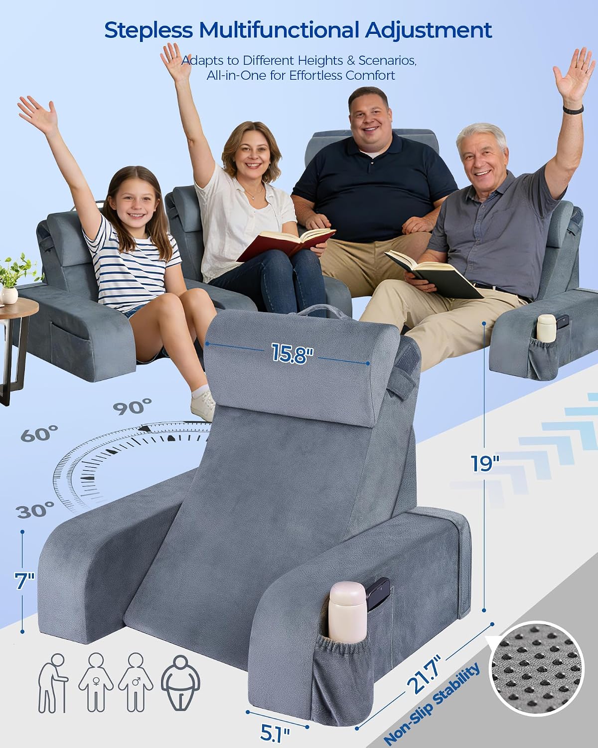 kayfia reading pillow, 30-90° stepless adjust angle & shown in use