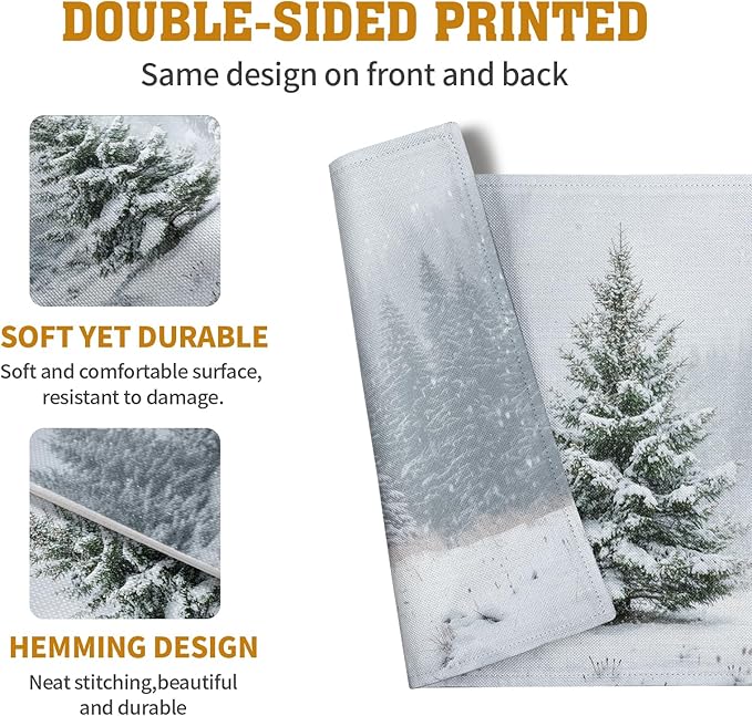 Winter Placemats Set of 4, 12x18 Inch Christmas Pine Tree Snowflake Linen Table - Image 5