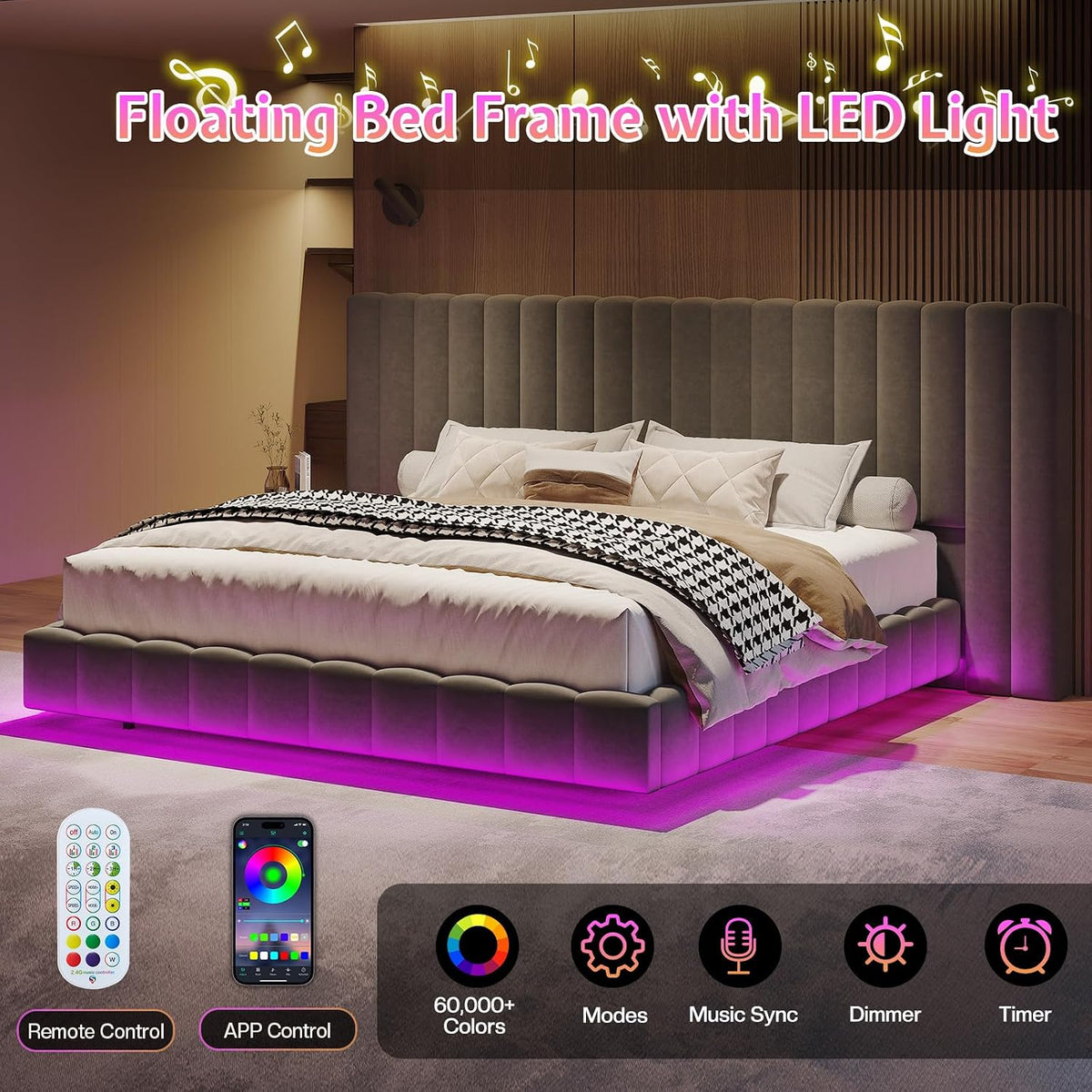 jocisland queen bed frame with 85" wide velvet, side view