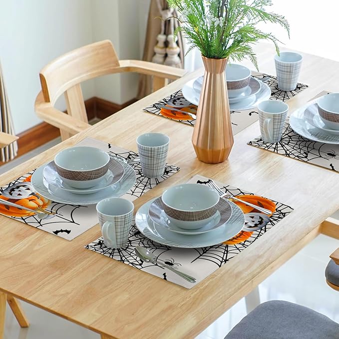 Giwawa Halloween Placemats, Colorful Spooky Pumpkins Spider Web Bats Linen - Image 7