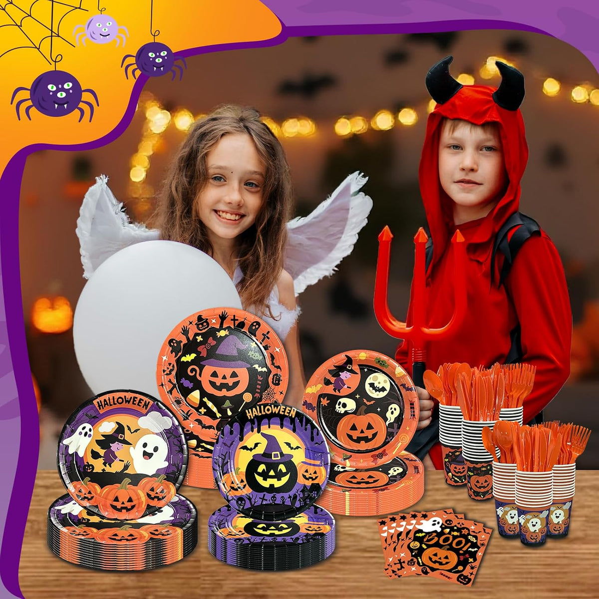 UJoyant 350 PCS Halloween Plates and Napkins Sets, Halloween Party Supplies Includes Disposable Plates Dessert Plates Napkins Cups Plastic Knives Forks Spoons Disposable Dinnerware Set (50 Guest)