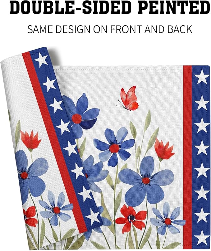 Giwawa 4th of July Placemats Set of 4 Watercolor Patriotic Flowers Stars Table - Image 4