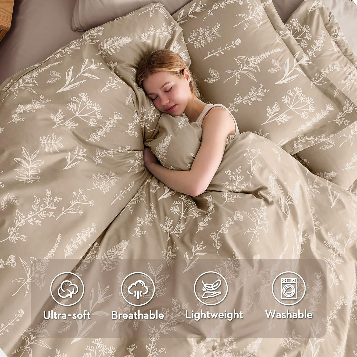 muxhomo duvet cover queen size, 3-piece floral taupe shown in use