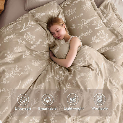 muxhomo duvet cover queen size, 3-piece floral taupe shown in use