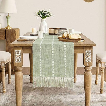 ZeeMart Farmhouse Braided Striped Table Runner, Rustic Sage Green Table Runners by ZEEMARTONLINE