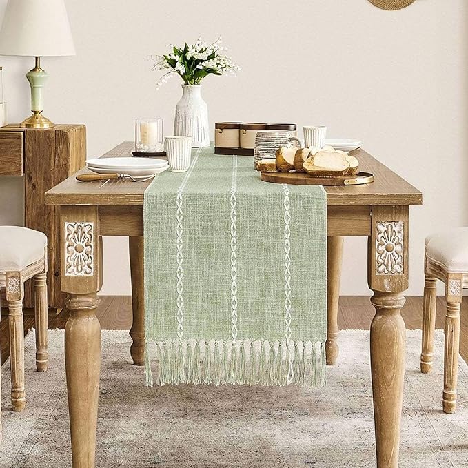 ZeeMart Farmhouse Braided Striped Table Runner, Rustic Sage Green Table Runners by ZEEMARTONLINE