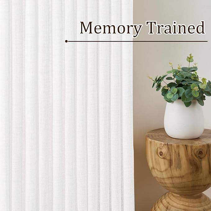 White Linen Pinch Pleated Semi Sheer Curtains 2 Panels 45 Inches Long, Back Tab - Image 4