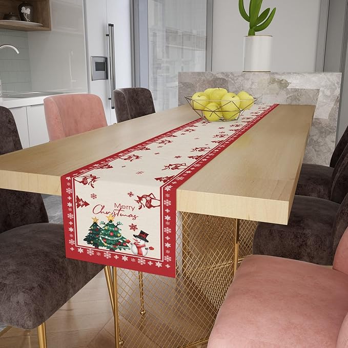 Merry Christmas Elk Deer Table Runner, Snowman Linen Table Runners, Snowflake - Image 7