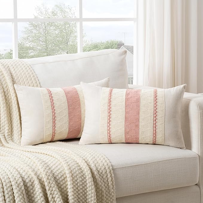 Fancy Homi Set of 2 Boho Pink Long Lumbar Decorative Throw Pillow Cover 14x24 by Fancy+Homi