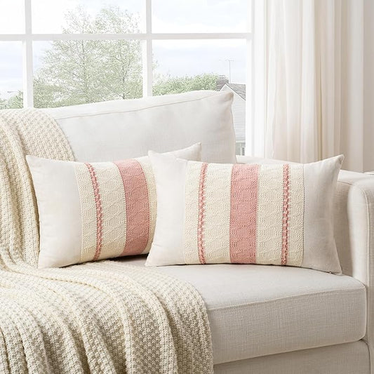 Fancy Homi Set of 2 Boho Pink Long Lumbar Decorative Throw Pillow Cover 12x24 by Fancy+Homi