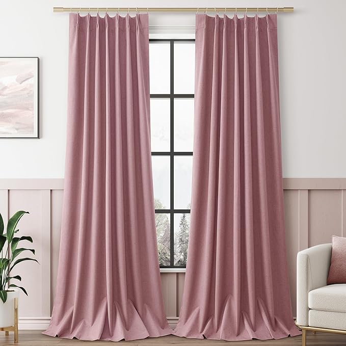 Blush Pink 100% Blackout Pinch Pleated Linen Curtains 96 Inches Long by Aersas